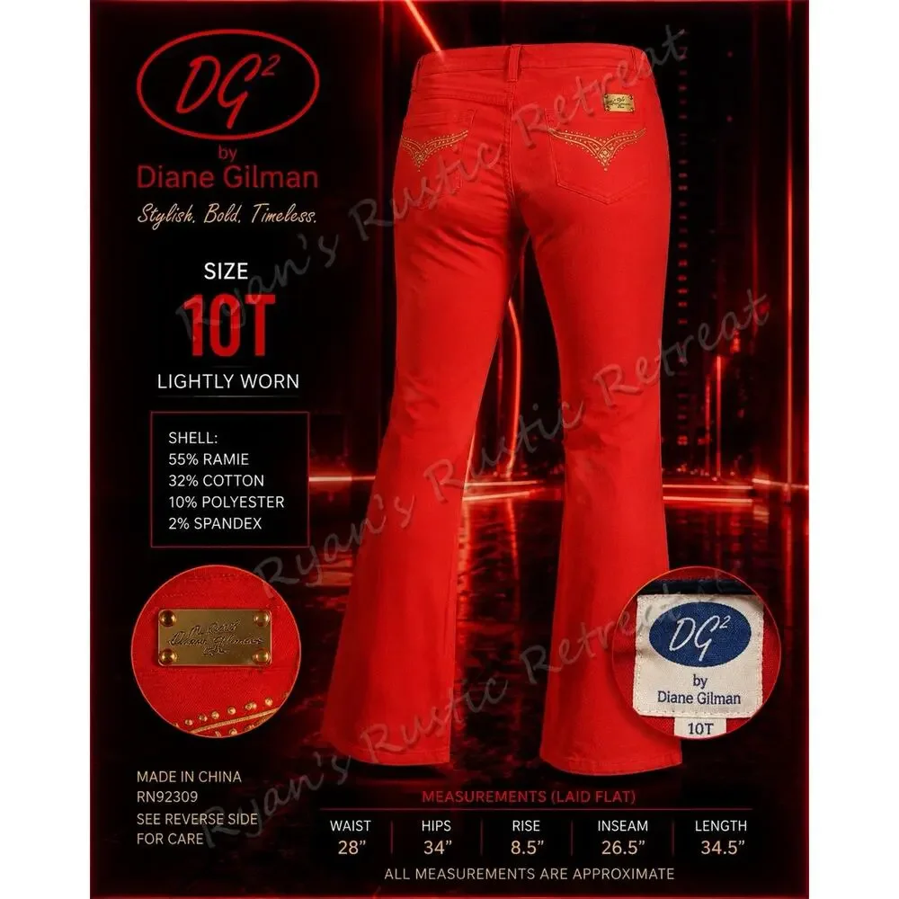 DG2 Diane Gilman Embellished Bootcut Jeans Red Orange 10T Stretch Ramie Blend DK